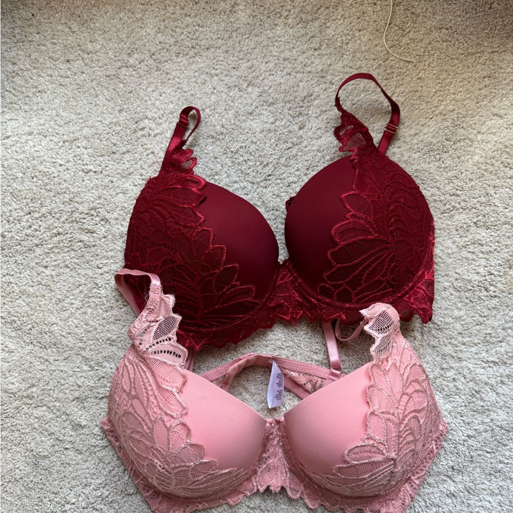 Lace Push-Up Bra Set - Red and Pink